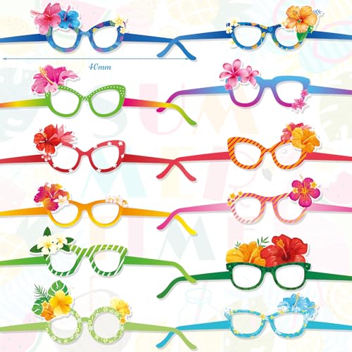 HOWAF 24pcs Hawaii Paper Glasses,Luau Party Eyeglasses Photo Booth Props Kit for Summer Tropical Party Favors,Hibiscus Flower Glasses for Beach Party Decor Eyewear,Aloha Tropical Flower Photo Glasses