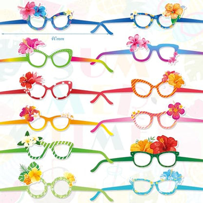 HOWAF 24pcs Hawaii Paper Glasses,Luau Party Eyeglasses Photo Booth Props Kit for Summer Tropical Party Favors,Hibiscus Flower Glasses for Beach Party Decor Eyewear,Aloha Tropical Flower Photo Glasses