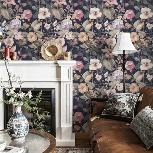 Jeweluck Vintage Floral Peel and Stick Wallpaper Floral Contact Paper 16.9" x 196.8" Dark Flower Wallpaper Peel and Stick Boho Leaf Self Adhesive Removable Wall Paper for Bedroom Decorative Vinyl - color: C Floral, size: 16.9inch×196.8inch