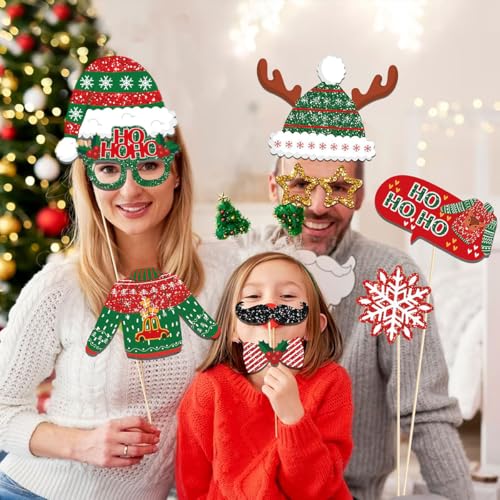 20 Pcs Christmas Ugly Sweater Photo Booth Props Xmas Theme Santa Claus Hat Reindeer Photo Props Selfie Photography for Xmas Winter Holiday Birthday Party Decorations Supplies