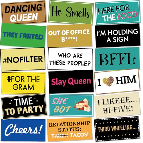 Beeveer 24 Designs Fun Photo Booth Props Fun Photo Booth Sign Decorations Double Sided 11 x 5.5 Inch Funny Props for Photoshoot DIY Water Proof Selfie Signs PVC Multi Color Printing for Party Supplies - color: Colorful, style: Party
