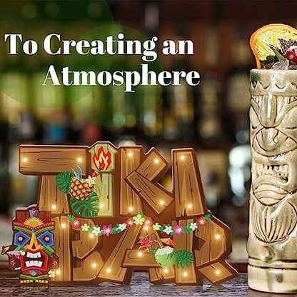Geetery LED Tiki Bar Sign Wooden Tiki Bar Decor Hawaiian Luau Party Decoration Rustic Table Decorations LED Light Plaque for Aloha Hawaii Tropical Birthday Party Photo Props Patio Home Kitchen