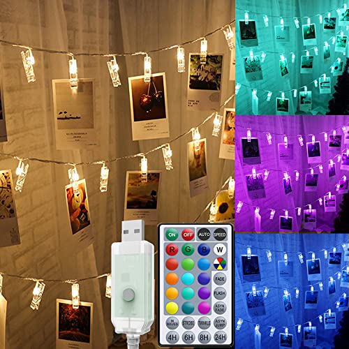 Solhice Photo Clips String Lights Color Changing 10ft, 20 LEDs RGB Hanging Pictures Wall Display Lights for Teenager Christmas Gift, Teen Girl Room Decor with USB Powered Remote Control - size: 10ft