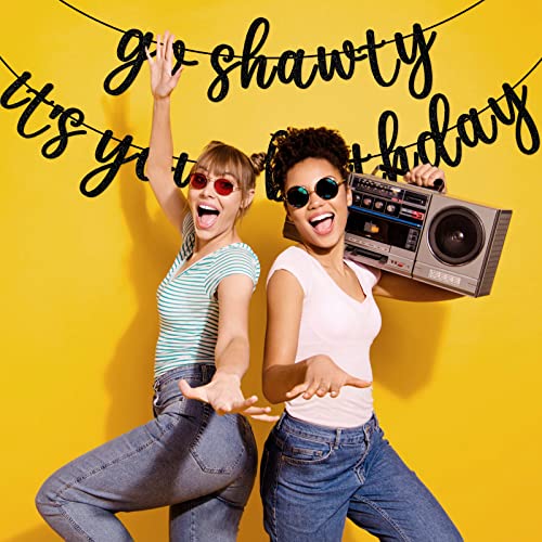 Go Shawty It's Your Birthday Banner, Hip Hop Birthday Party Decorations Supplies, Rap Theme Bday Bunting Sign, Pre-strung, Photo Props (Black) - color: Black