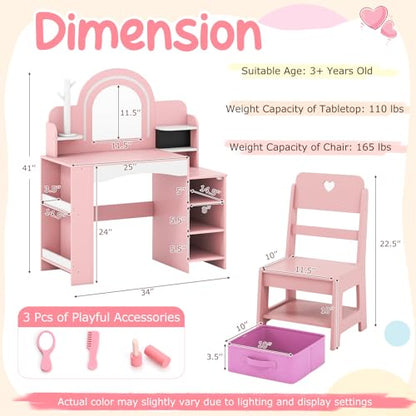 Costzon Kids Vanity, Girls Vanity Set with Lighted Mirror, Bookshelf, Jewelry Storage, Toddler Makeup Vanity Desk Dressing Table, Wooden Kids Vanity Table and Chair Set (Pink) - style: Pink