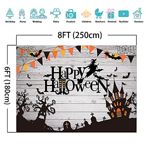 Mocsicka Happy Halloween Backdrop Spider Web Witch and Flying Bats Photography Background Wooden Floor Halloween Party Cake Table Decoration Banner Photo Booth Props (8x6ft) - size: 8x6ft
