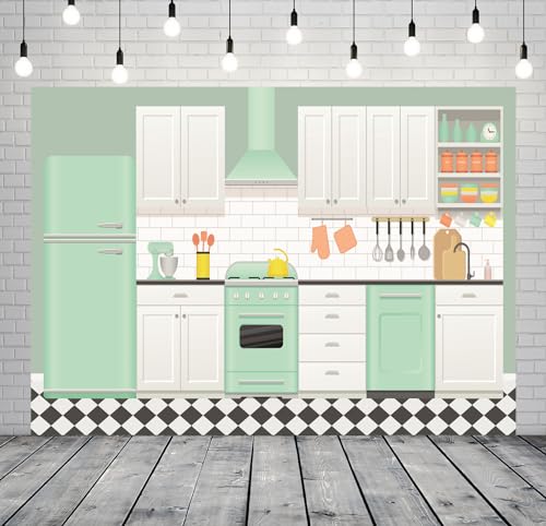 Fabric 7x5ft Cartoon Kitchen Backdrop Kids Baking Cooking Background for Photography Kitchen Theme Cooking Party Decor Online Bake Class Banner Baby Children Easter Photoshoot Photo Props - size: 7x5FT