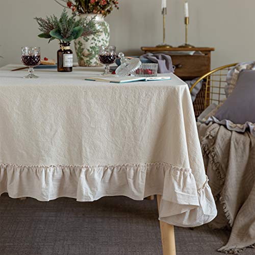 GLORY SEASON Retro Farmhouse Ruffle Tablecloth Cotton Flounces Trim Washable Table Cover Tablecloths for Rectangle Table Baby Shower Kitchen Party Wedding Decor,60''x120'' - size: 60" X 120" (Rectangular)