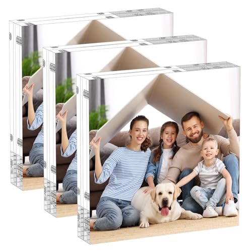 AITEE 5x5 Acrylic Picture Frames 3 Pack, 20% Thicker Block, Clear Picture Frames Freestanding Double Sided Magnetic Acrylic Lucite Frameless Transparent Square Frame Gift for Desktop Display - size: 5x5