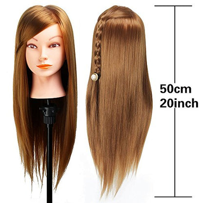 Mannequin Head with Hair, Beauty Star Doll Head for Styling, 20 Inch Long Gold Syntheic Hair Cosmetology Manikin Training Head Model, Hairdressing Practice Head with Clamp Stand and Braiding Kit - color: Gold