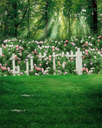 AOFOTO 8x10ft Romantic Garden Photography Studio Background Wedding Backdrop Spring Flowers Fence Meadow Grassland Girl Lovers Baby Kid Toddler Portrait Forest Photo Props Video Drape - size: 8x10ft