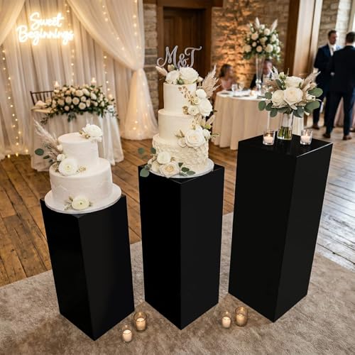 SwallowLiving 3PCS Metal Black Display Pedestal Stand for Parties, Square Tall Pedestal Cake Stands Pillars for Wedding, Sculpture Display Stand Column Decoration - color: Black