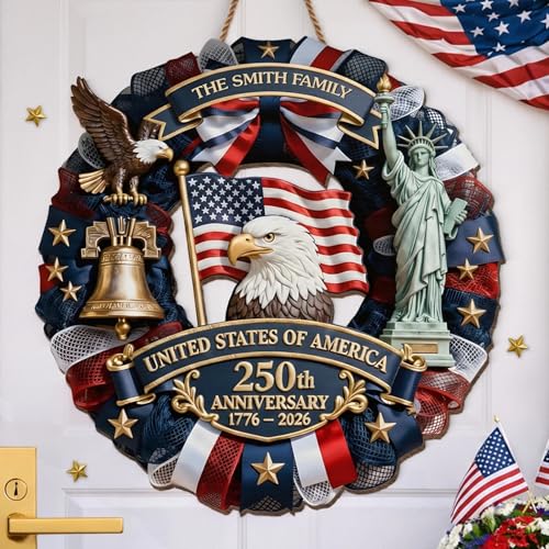 Personalized 250th Anniversary Patriotic Wood Wreath Door Sign 1776-2026, Custom Family Name Round Door Hanger, Independence Decor, Decoration Gifts, Gift For Mom, Dad, Brother, Family /1 - color: Design 01