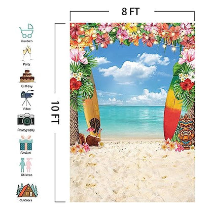 8x10ft Fabric Summer Hawaiian Beach Backdrop for Photography Tropical Flower Luau Hawaiian Party Decorations Aloha Blue Sky Ocean Palm Leaves Background Supplies Photoshoot (LI-1549-3-JF) - size: 8'x10'