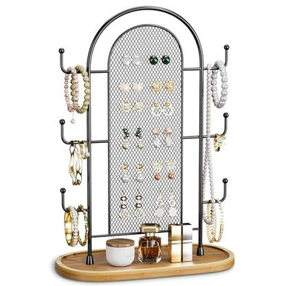 bussdis Jewelry Holder Organizer Earring Display - Stands Earring Storage Earring tree Hanger Jewelry Towers Rack with 6 Hooks 300 Stud Holes Wood Tray for Necklaces Bracelets Rings - color: Black