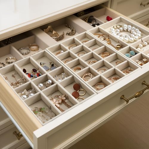 Highergo 8 Pcs Velvet Jewelry Trays Stackable Drawers Organizer Ring Earring Bracelet Necklace Storage Trays, 8.3x4.7x1''(15 Grids) - style: 15 Grids