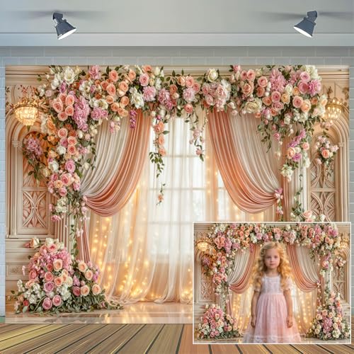 6X4ft Romantic Floral Wedding Backdrop Pink Flower Curtain Photography Background Anniversary Ceremony Bridal Shower Engagement Party Decor Photo Booth Props Wall Banner - color: Multi3, size: 6X4FT