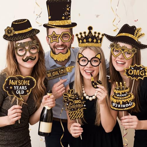 38 Pcs Birthday Photo Booth Props Kits Graduation New Year Wedding Party Favors Black and Gold 40th 50th 60th 70th 80th Happy Birthday Anniversary Party Supplies