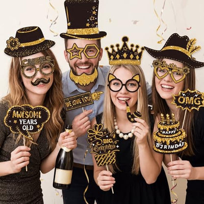 38 Pcs Birthday Photo Booth Props Kits Graduation New Year Wedding Party Favors Black and Gold 40th 50th 60th 70th 80th Happy Birthday Anniversary Party Supplies