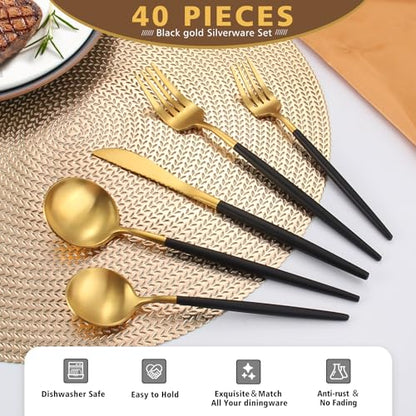 Matte Black Gold Silverware Set, Oliviola 40-Piece Stainless Steel Flatware Cutlery Set Service for 8, Satin Finish Kitchen Utensil Set, Dishwasher Safe - color: Blackgold, size: 40-piece