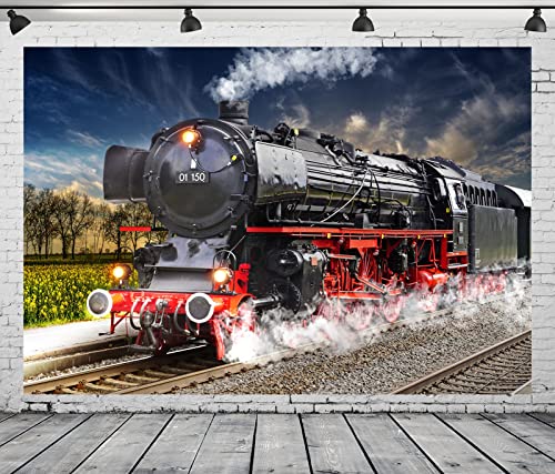 BELECO 8x6ft Fabric Vintage Steam Locomotive Photography Backdrop - Old Railroad Track Spring Natural Scenery Background for Train Theme Party Decorations - Kids Adults Photo Props - size: 8x6FT