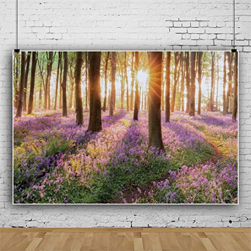 shensu Vinyl 10x8ft Sunshine Forest Purple Flowers Backdrops for Photography Green Trees Wildflowers Spring Summer Scenery Photo Background Portrait Photoshoot Booth Studio Props Party Decoration - size: 10x8ft