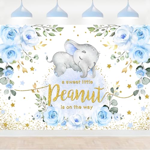 InMemory Blue Elephant Baby Shower Backdrop Watercolor Flower It's A Boy Oh Baby Shower Party Decorations Photography Background Floral Little Peanut is On The Way Wall Banner 7x5ft - color: Blue&gold, size: 7x5ft
