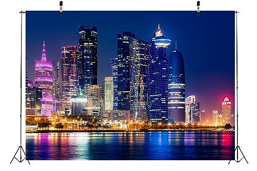 BELECO 9x6ft Fabric City Night Backdrop Modern Luxury Buildings Skyline and Skyscrapers Urban Cityscape Background Backdrop Home Decor Photo Booth Studio Props - size: 9x6FT