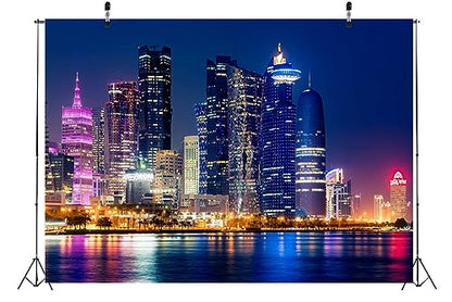 BELECO 9x6ft Fabric City Night Backdrop Modern Luxury Buildings Skyline and Skyscrapers Urban Cityscape Background Backdrop Home Decor Photo Booth Studio Props - size: 9x6FT