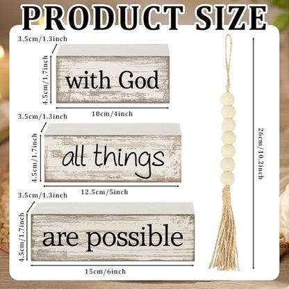 Yuntau 4 Pcs Farmhouse Wooden Tabletop Decor Farmhouse Tiered Tray Decor Rustic Retro Wood Bead Garland with God All Things are Possible Block Sign Neutral Centerpiece Sign for Home Shelf Mantle - style: Farmhouse