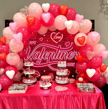Valentines Banner Backdrop 7x5FT Red Glitter Heart Neon Valentine's Day Photography Background Valentines Theme Party Decorations Photo Props