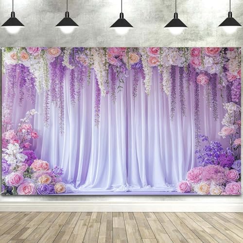 6X4ft Purple Flower Wall Backdrop Romantic Floral Wedding Photography Background for Wedding Bridal Shower Anniversary Girls Birthday Decor Photo Studio Props Wall Decor Banner - color: Purple, size: 6X4FT