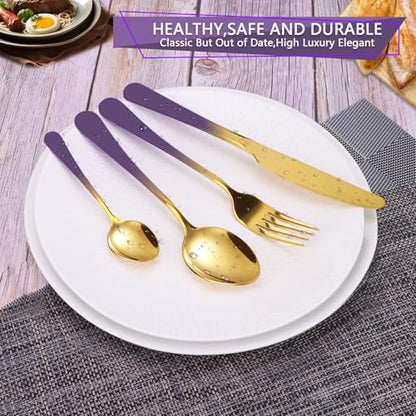 24 Pieces Flatware Set, Stainless Steel Cutlery Set with Silverware Holder, Modern Gold Silverware Set Includes Dinner Knives Forks Spoons,Hanging Silverware Set Service for 6 (Purple) - color: Purple