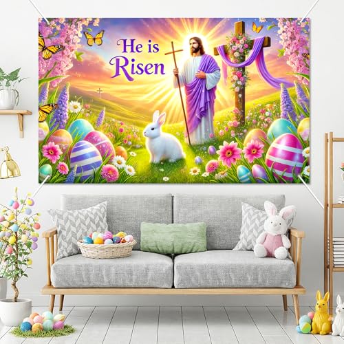 BlissYard Happy Easter Banner 71x43 Inch He is Risen Easter Backdrop Spring Christian Cross Lily Jesus Photography Background Religious Party Decorations Photo Banner Booth Studio Props - color: He is Risen Banner#1