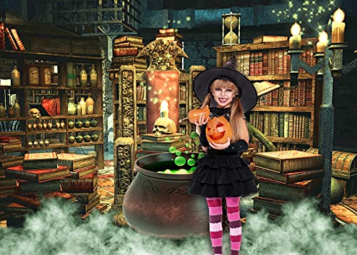 Halloween Photography Backdrop Witch Magic Cauldron Bookshelf in Spooky Room Party Decoration Portrait Background Vinyl Photo Studio Booth Props PGT646B 9x6ft - size: 9'X6'
