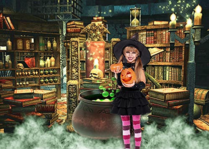 Halloween Photography Backdrop Witch Magic Cauldron Bookshelf in Spooky Room Party Decoration Portrait Background Vinyl Photo Studio Booth Props PGT646A 7x5ft - size: 7'X5'