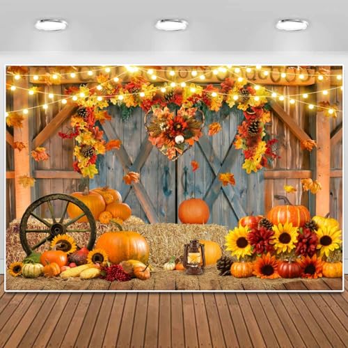 Fall Thanksgiving Backdrop Barn Door Autumn Photo Background for Photography Pumpkins Sunflowes Maple Leaves Thanksgiving Day Baby Shower Party Decor Photo Booth Props 5X3FT - color: Fall 003, size: 5x3ft