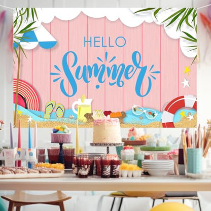 Maicaiffe Hello Summer Backdrop Banner Decor - 6x4 ft Hawaiian Pool Beach Party Photography Background Poster Sign - Summer Tropical Birthday Wedding Retirement Party Photography Prop Booth Decor