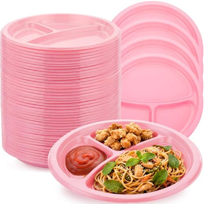 Umigy 100 Pcs 10 Inch 3 Compartments Divided Plastic Plates Bulk Colorful Disposable Heavy Duty Round Dinnerware for Party Valentine Wedding Birthday(Pink) - color: Pink