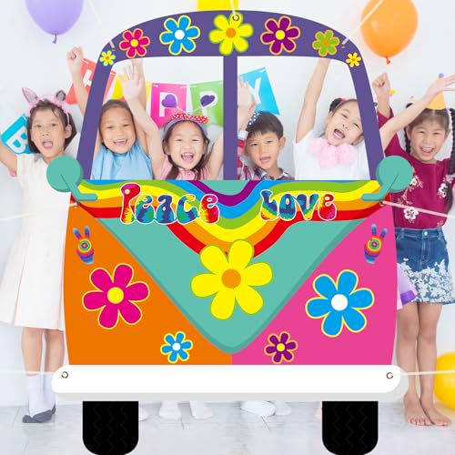 Large Hippie Bus Shaped Photo Prop 60s Party Decor 60's Retro Groovy Van Prop Fabric Hippie Selfie Frame Backdrop Background Banner Birthday Party Supplies Retro 60s 70s Party Favors 59 x 48.6Inch