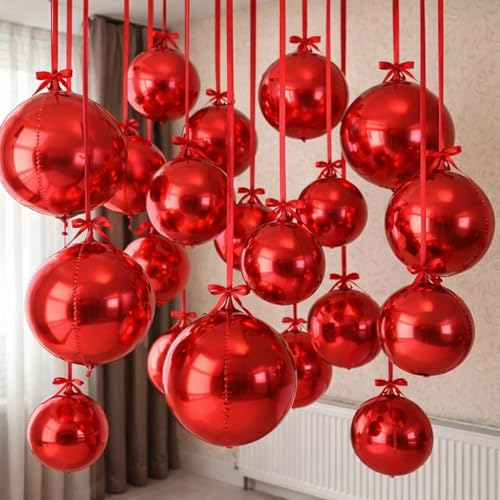 HILAVO 12PCS Red Round Foil Balloons, 22" 15" 10" Large 4D Ball Balloons Metallic Red Mirror Sphere Balloon for Graduation Christmas Valentines Day Wedding Birthday Party Ceiling Decorations - color: Red Ball