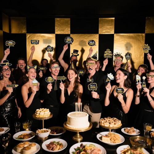 JOJO FLY 36 Pcs Birthday Photo Booth Props Kit, Black and Gold Party Favors, Happy Birthday Party Decorations, Photobooth Holiday Selfie Supplies