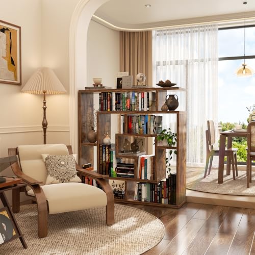 Armocity 6 Tier Display Book Shelf Wall Mounted Bookshelf Freestanding Geometric Bookcase Floating Book Shelves for Wall Bedroom Living Room Home Office, 45.5"(W) * 47"(H), Rustic Brown - color: Rustic Brown