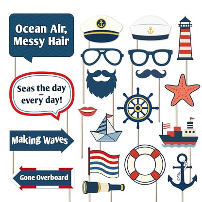 Nautical Sailing Party Photo Booth Props, 20-Piece Ocean and Captain Themed Decorations for Beach Parties, Birthdays, and Summer Events