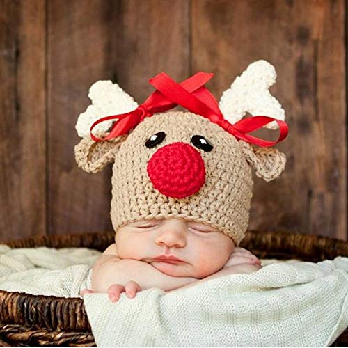 Ypser Infant Baby Knitted Beanie Photo Prop Crochet Knit Cap Christmas Cap Deer Hat with Bow - color: Beige(0-3 Months), size: One Size