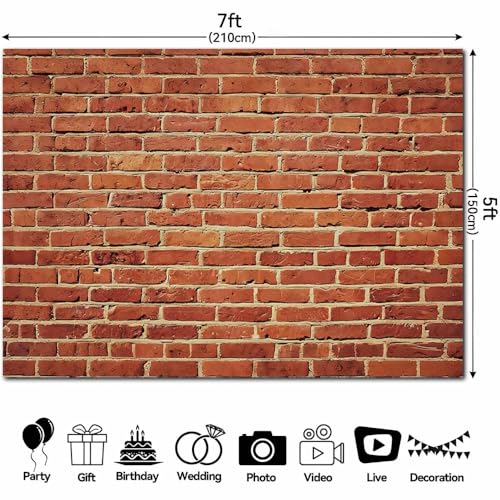 7x5FT Polyester Red Rustic Brick Wall Backdrop Vintage Textured Photography Background Supplies Studio Photo Booth Props Retro Birthday Party Wedding Graduation Banner Decoration - size: 7X5FT