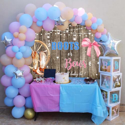 Sensfun Boots or Bows Gender Reveal Backdrop Boy or Girl Baby Shower Party Decorations Rustic Wooden Cowboy Boots Pink Bow Photography Background Western Gender Reveal Banner Photo Booth Props 6x4ft - size: 6x4ft