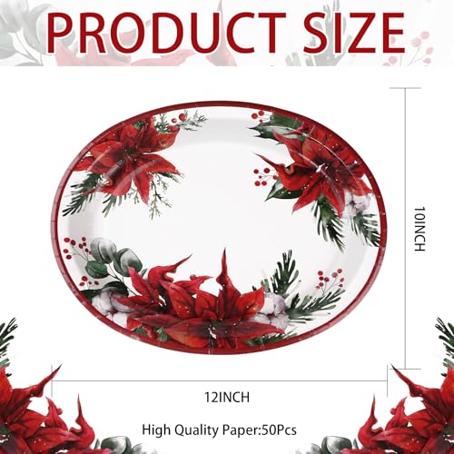 50 Pcs Christmas Oval Plates 10" x 12" Large Disposable 400 GSM Heavy Duty Red Poinsettia Floral Paper Dessert Plates Christmas Birthday Party Decorations for Festive Xmas Theme Dinner Party Supplies - style: Poinsettia Flower Oval Plate