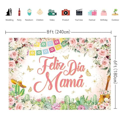 Feliz Dia Mama Banner Backdrop 8x6FT Mexican Happy Mother's Day Photography Background Pink Flowers Cactus Best Mom Ever Party Decorations Supplies Photo Props - size: 8x6FT