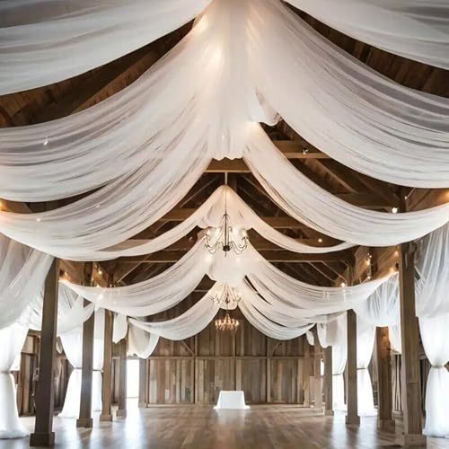 DUOBAO White Wedding Chiffon Ceiling 5x20FT Long Sheer Draping Fabric Photography Backdrops Soft Drapes Curtains for Weddings Arches Christmas Indoor Events, W 5' x L 20'-6 Panels, Snow - color: White, size: 60"W x 240"L (Pack of 6)